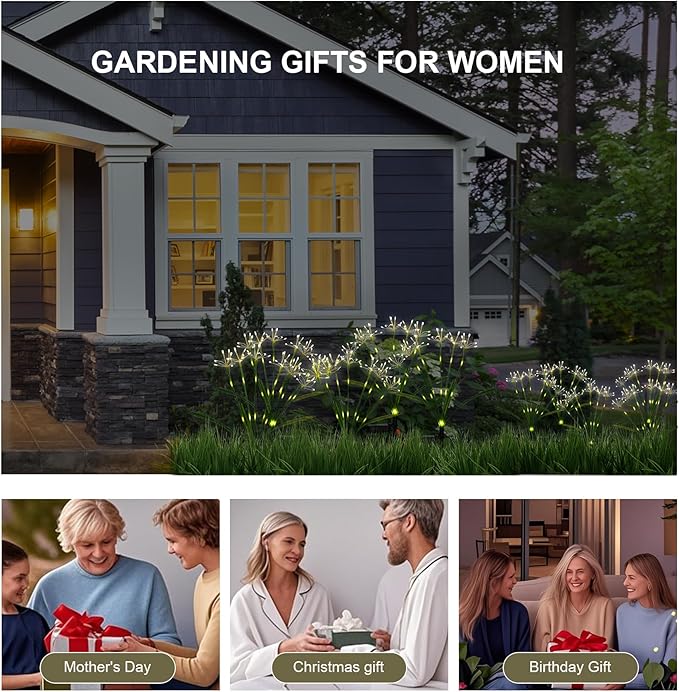 Solar Garden Lights Decor: Gardening Gifts for Women Mothers Day Warm White - Waterproof Twinkling Swaying Firefly Solar Lights Outdoor with 2 Modes for Yard Patio Pathway Decoration 4-Pack