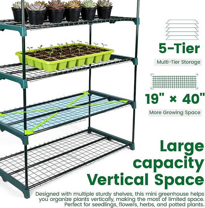 Worth Garden 50% Extra Wide Mini Greenhouse 5 Tier Portable Plant Green House 40in Wide -Sturdy Gardening Shelves with PVC Cover - Indoor & Outdoor Wheatgrass Growing - 19″x40″x75″
