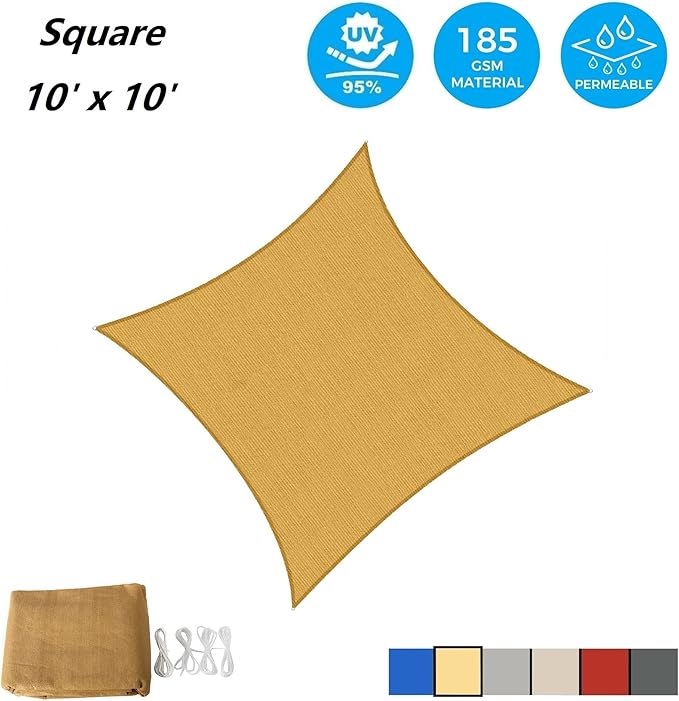 AsterOutdoor Sun Shade Sail Rectangle 10' x 10' UV Block Canopy for Patio Backyard Lawn Garden Outdoor Activities, Sand
