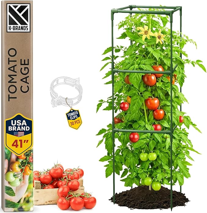 Tomato Cage Square - Large Trellis Stakes and Plant Support Structures for Vegetables and Climbing Plants - Tall Tomato Cages for Garden, Pots, Raised Garden Bed Outdoor Supplies (1 Pack - Up to 41")