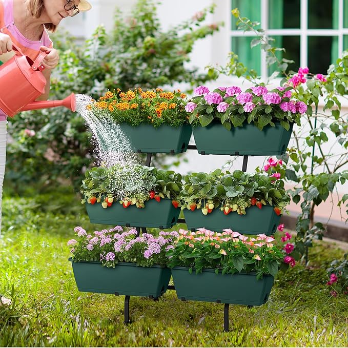2 Column Vertical Raised Garden Beds, 6 Planter Boxes Standing Garden Bed Outdoor/Indoor Herb Garden Tiered Planter with Drainage Holes & Removable Trays for Flowers/Vegetables/Plants (Green)