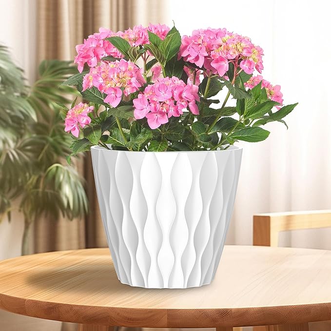 6 Pack 7 Inch Indoor Plant Pots with Drainage Holes, Outdoor Plastic Decorative Flower Pots, Garden Planters with Tray Saucers for Orchids, Violets, Succulents, Herbs, and Other Plants