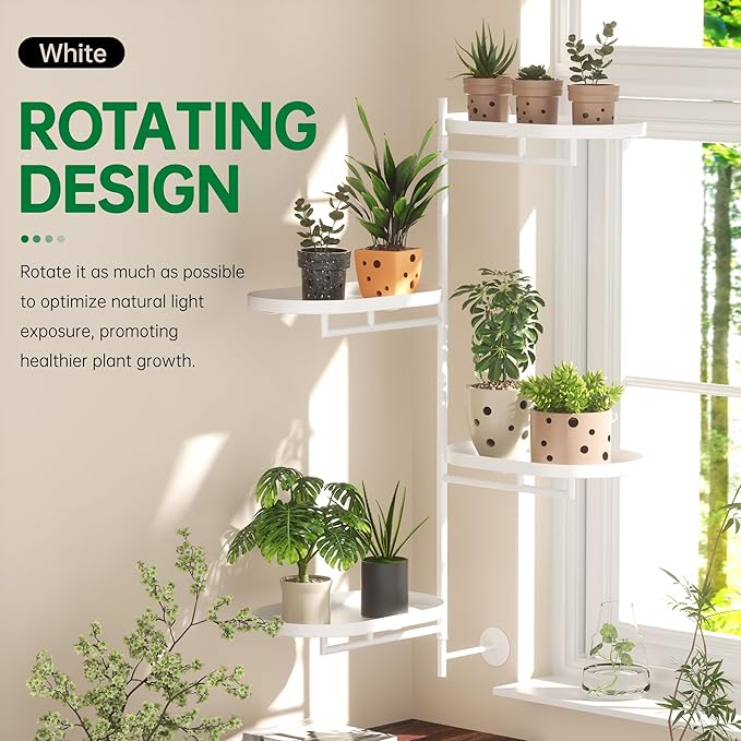 Rotating Window Shelves for Multiple Plants Indoor,4-tier Metal Corner White Plant Stand Holder Floating Hanger Shelf for Wall，Windows Sill Gifts for Planter Lover to Enhance Home Decor