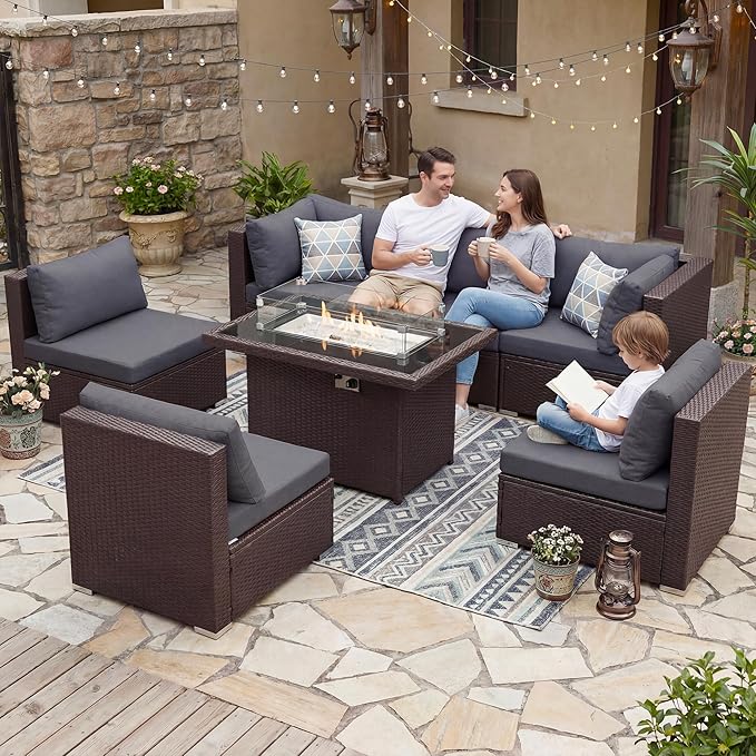 NICESOUL 7 Piece Large Size Outdoor Patio Furniture Set with Fire Pit, 29.3'' High Back Deep Seat Sectional Conversation Sets, Heavy Duty Modern Backyard Sitting, Brown Rattan and Dark Grey Cushion