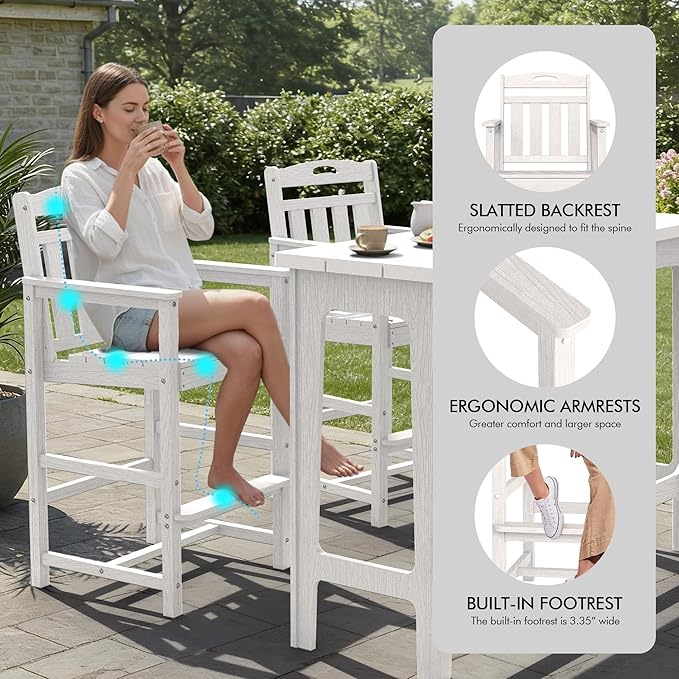 Ciokea 3 Pcs Outdoor Bar Height Table Set, 60" Extra Long Rectangle High Top Table and 2 Oversized Adirondack Chairs Set, Heavy-Duty All-Weather HDPE Patio Bar Set for Backyard Balcony Deck, White