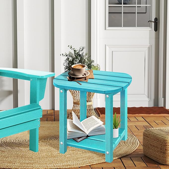 LZRS Outdoor Side Table - 2-Tier Adirondack HDPE Patio End Table for Pool, Porch,Balcony & Backyard,Weather Resistance for Indoor and Outdoor use(Turquoise)
