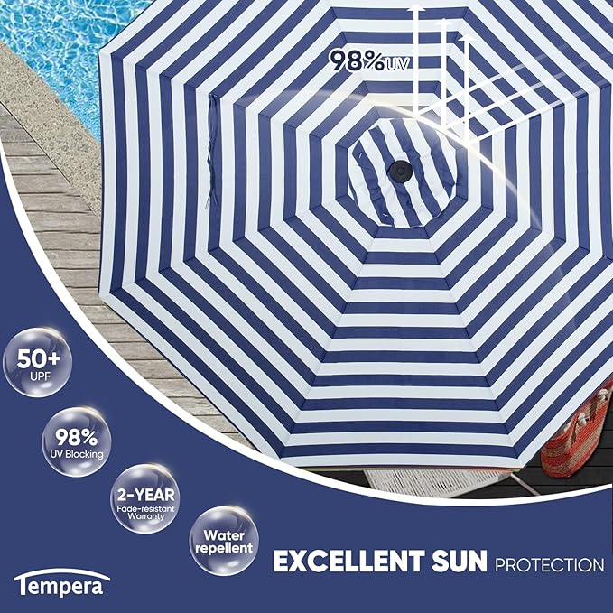 Tempera Patio Market Outdoor Table Umbrella with Auto Tilt and Crank, Large Sun Umbrella with Sturdy Pole & Fade Resistant Canopy, Easy to Set