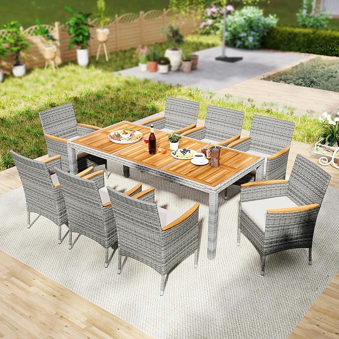 Tangkula 9 Pieces Patio PE Wicker Dining Set, Outdoor Acacia Wood Table and Chairs for 8 with Cushions and 2" Umbrella Hole, Outdoor Dining Furniture Set for Deck, Garden and Yard (Mix Grey+White)