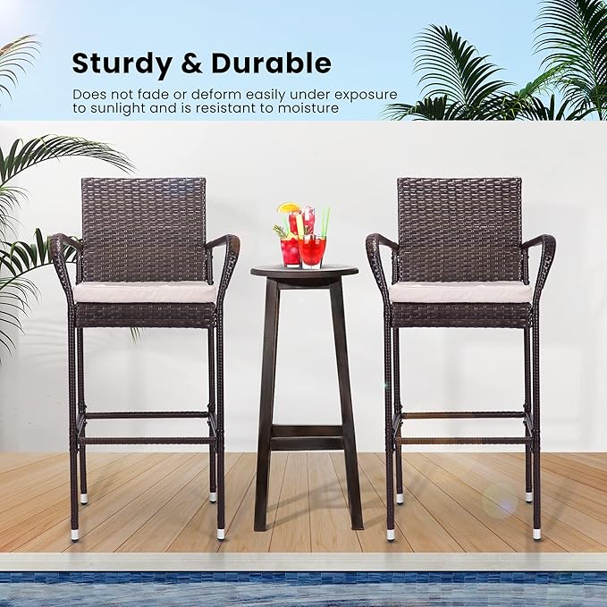 VIVOHOME 4 Packs Outdoor Wicker Barstool Patio Rattan Furniture with Armrests and Cushions, Brown