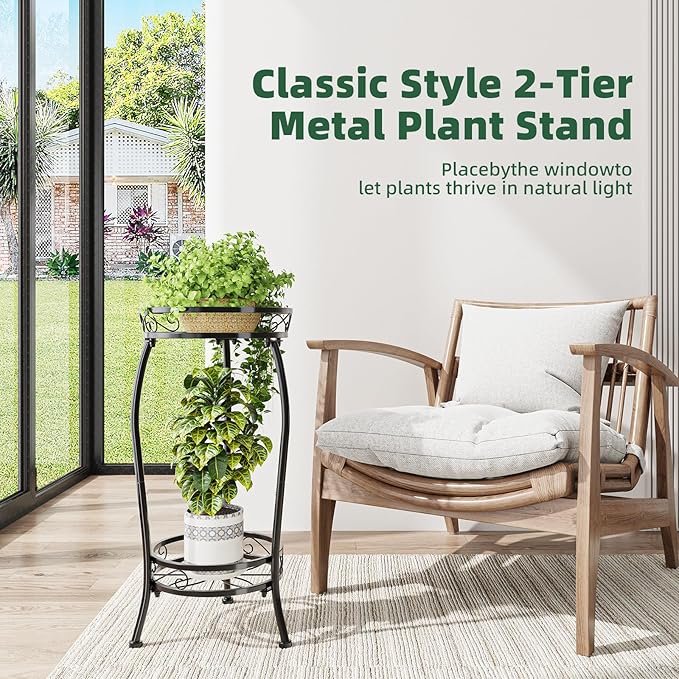 Simple Trending Plant Stand Indoor Outdoor, Tall Round Plant Shelf, 2 Tiers Metal Flower Pot Holder Stand Heavy Duty, for Garden, Balcony, Black