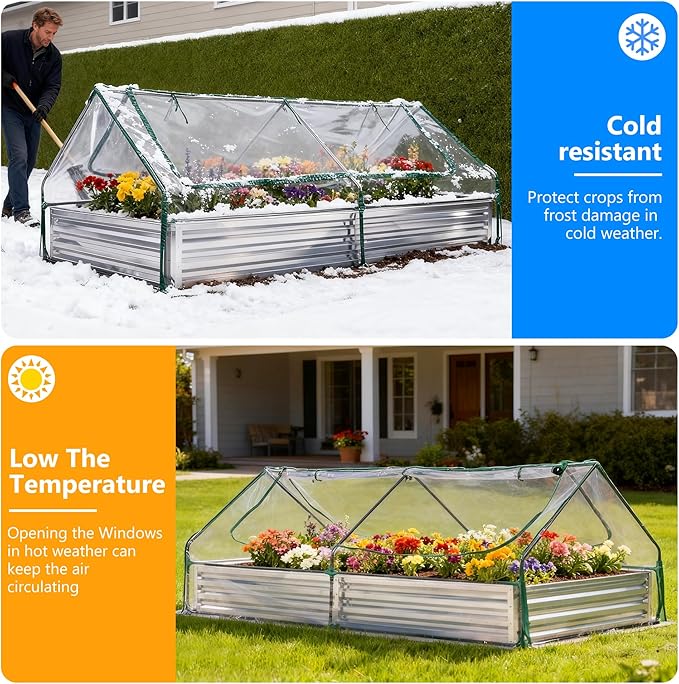 DUMOS Raised Garden Bed with Cover, 8x4x1ft Planter Box Outdoor for Deep-Rooted Herbs/Flowers/Vegetables, Extra Large Metal Garden Bed Mini Greenhouse for Patio, Balcony and Backyard, Silver