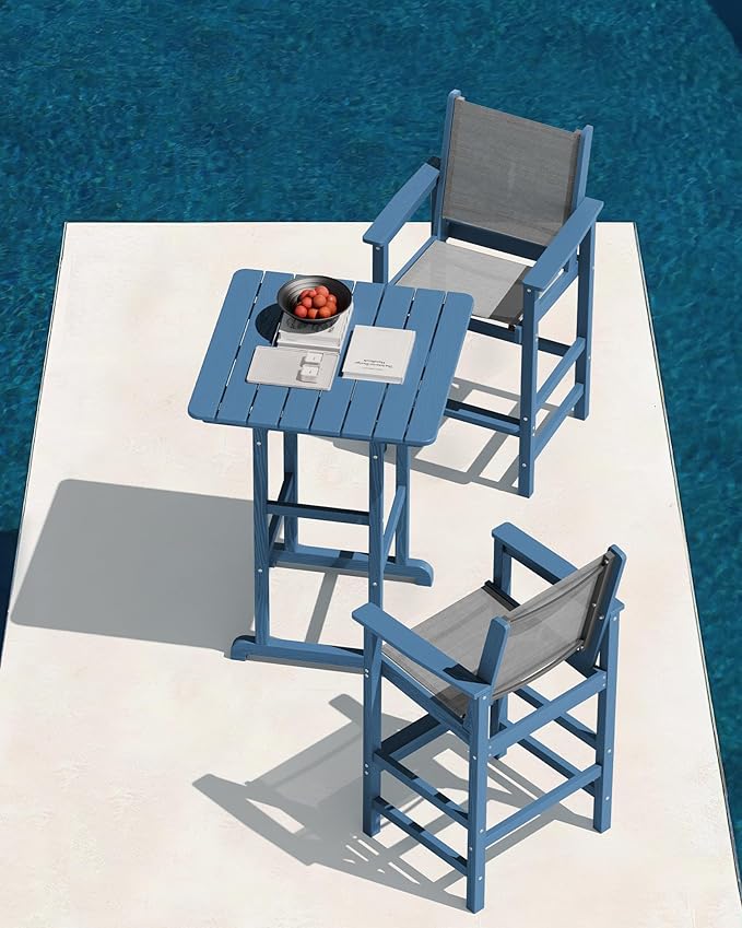 SERWALL 3 Pieces Textilene Adirondack Bar Set, Tall Adirondack Bar Height Chairs with Bar Table, Sling Balcony Adirondack Chairs, Weather Resistance Resin Outdoor Bar Height Stools, Blue