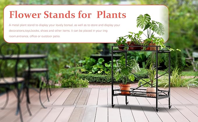 Zhongma 2 Tier Sturdy Metal Plant Stand with Wheels, 32.7x16x39.4 Inch High, Heavy Duty Succulent Shelf for Home Indoor and Outdoor, 440 LBS Capacity & Heavy Duty Construction