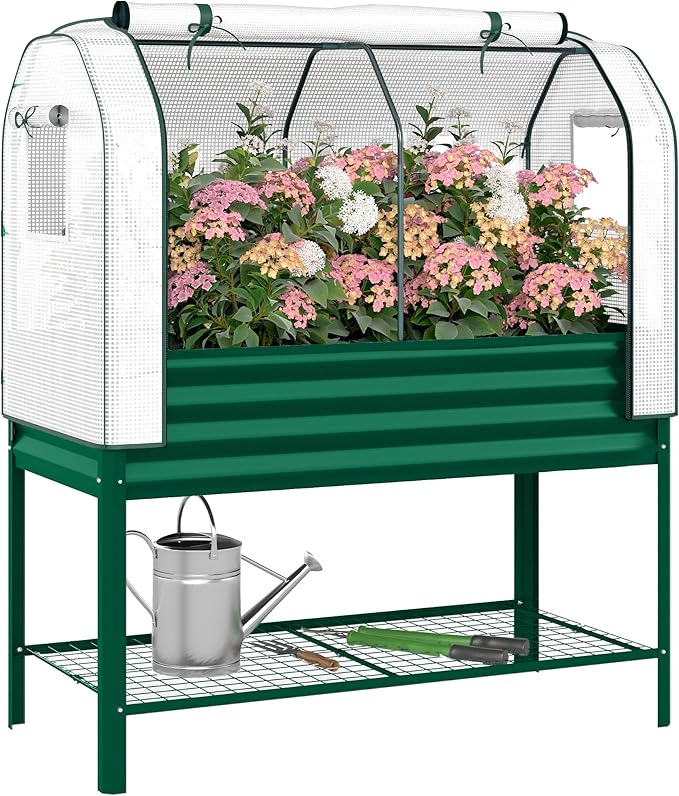 Outsunny Galvanised Raised Garden Bed with Greenhouse Cover, Metal Elevated Garden Bed with Legs, Bed Liner and Bottom Shelf, Outdoor Raised Planter Box for Vegetables, Herbs, Flowers, Green