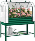 Outsunny Galvanised Raised Garden Bed with Greenhouse Cover, Metal Elevated Garden Bed with Legs, Bed Liner and Bottom Shelf, Outdoor Raised Planter Box for Vegetables, Herbs, Flowers, Green