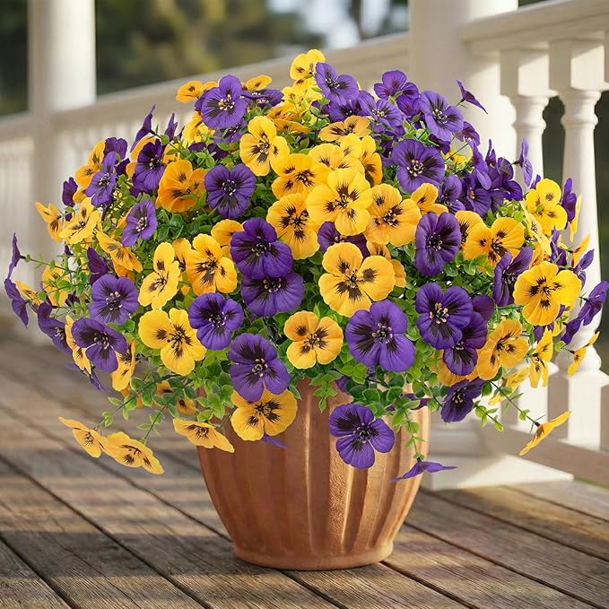 36 Pcs Artificial Fake Pansy Flowers for Outdoor, Faux UV Resistant Silk Pansies Flowers for Outside Planter Front Door Porch Yard Patio Window Box Home Decor (36, Yellow,Purple)