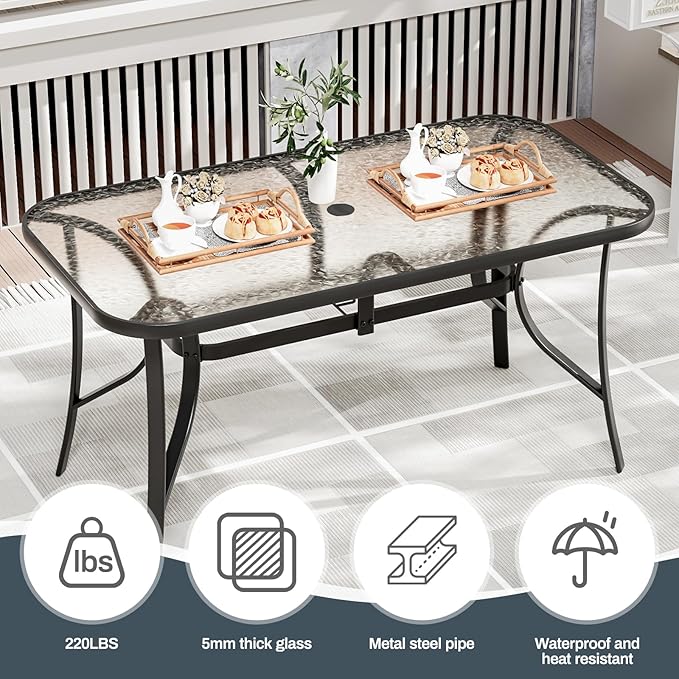 TLSUNNY 7 Pieces Patio Dining Set, Outdoor Table and Chairs W/1.69″ Umbrella Hole, 30"X 55" Table and Stackable Textilene Chair, All Weather Patio Furniture Set (Umbrella not Included) (Black)