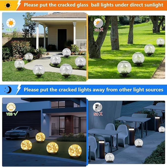 Solar Garden Lights Outdoor Waterproof, 6 Pack LEDs Cracked Glass Ball Light, Ground Landscape Garden Decor, Solar Globe Decorative for Pathway/Patio/Lawn/Yard, 3.9"