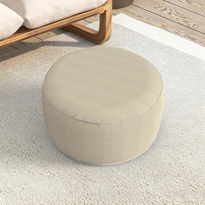 LVTXIII Indoor/Outdoor Extra Large Inflatable Ottoman Pouf D31 x H14 Inch, Round Footstool with Handle, Weather-Resistant Portable Furniture for Patio, Camping, Beach, Stripe Beige
