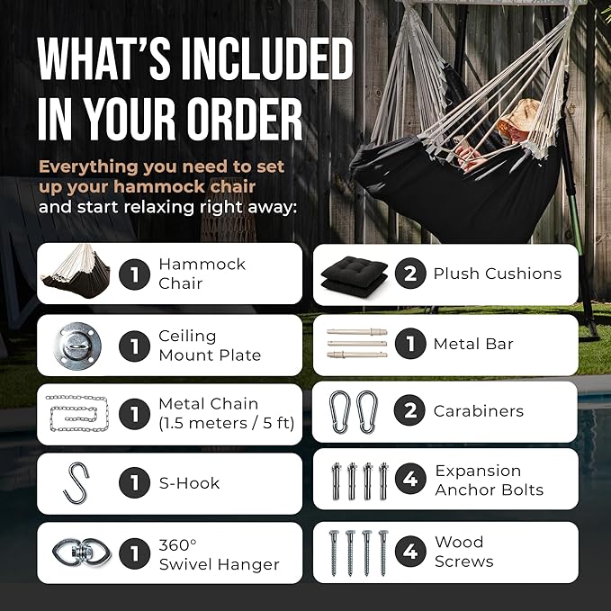 Hanging Hammock Chair Swing – Hanging Chair Outdoor & Indoor - Hammock Swing Chair – Quick & Easy Setup with Hardware Kit – Durable & Spacious Full Body Support with 2 Plush Cushions – Holds 440 Lbs