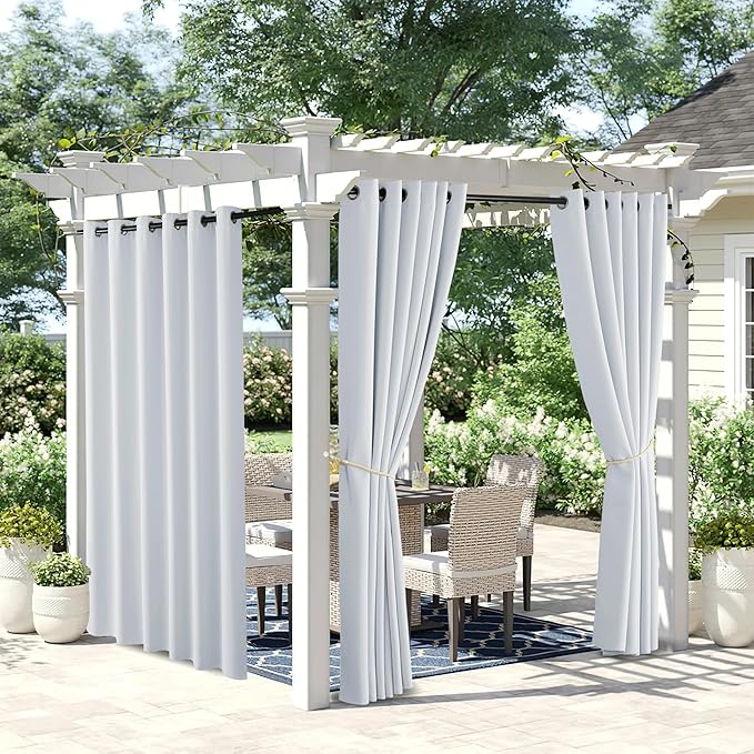 NICETOWN 2 Panels Weighted Outdoor Curtains for Patio Waterproof, Rustproof Grommet Room Darkening Indoor Outdoor Window Treatment for Balcony/Porch, Greyish White, W84 x L84