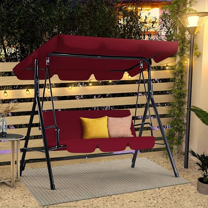 AECOJOY Porch Swing with Stand, 3-Seat Outdoor Clearance Porch Swings for Adults, Outdoor Patio Swing with Adjustable Canopy & Removable Cushion for Backyard, Garden, Yard, Poolside, Balcony (Red)