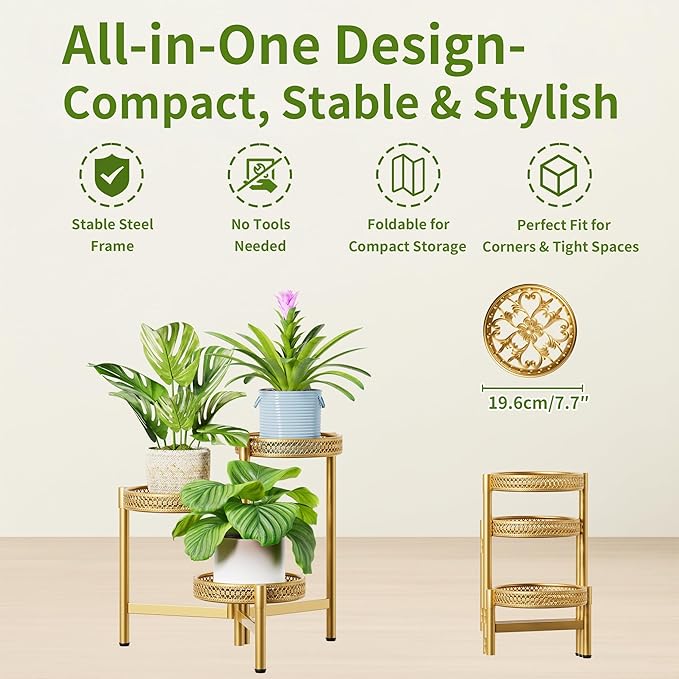 Metal Plant Stand Indoor Outdoor, 3 Tier Corner Tall Plant Shelf for Multiple Plants, Tiered Plant Stand, Heavy Duty Flower Holder, Folding Tall Rack for Garden Patio Balcony - GoldWave