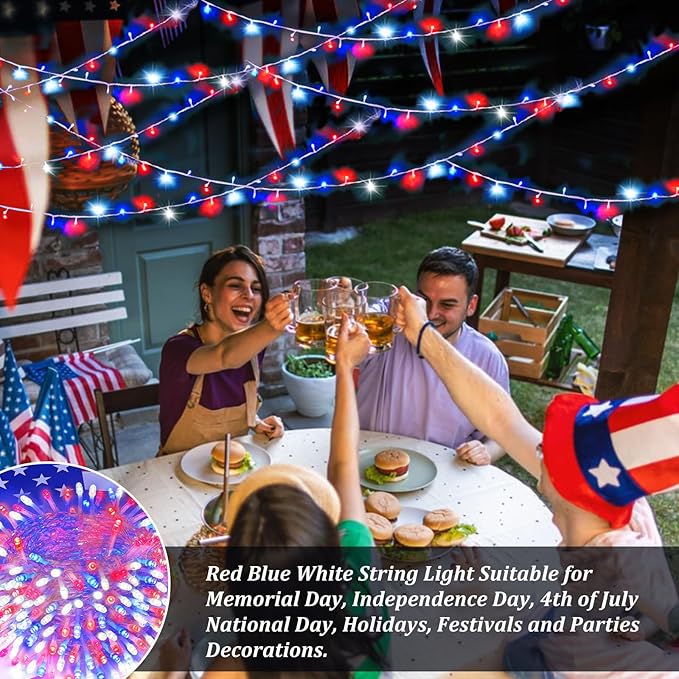 4th of July Decorations Red White and Blue Lights, 200 LED 66FT String Light Plug-in, 8 Modes 4th of July Lights for Indoor Outdoor Independence Day Memorial Day American Flag Patriotic Holiday Decor