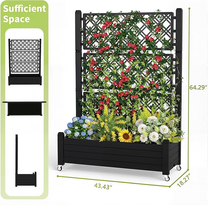 Raised Garden Bed with Trellis, 21 Gallon Self Watering Planter Box with Lockable Wheels & Drainage Holes for Climbing Plants Vegetables Flowers, Anti-Rust Resin for Backyard Patio (Black)