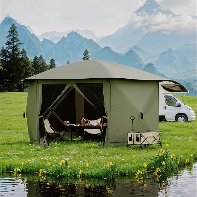 11.5x11.5FT 6-Sided Pop Up Gazebo Tent，One-Push Setup Canopy Tent with Mesh Panels & Removable Wind Cloths, Outdoor shelter for Camping, Backyard Parties, Outdoor Events - Army Green