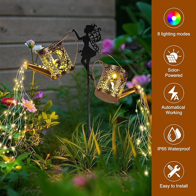 LOVERUIS Solar Watering Can Light - Solar Garden Light with 8 Color Changing Modes, IP65 Waterproof, Perfect Garden Decor for Outside, Patio, Wedding & Lawn Gift for Women, Mom, Grandma