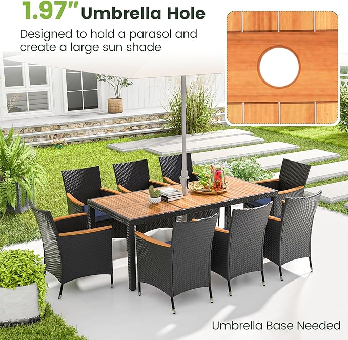 Tangkula 9 Pieces Rattan Outdoor Dining Set for 8, Outdoor Acacia Wood Table Set with 8 Cushioned Wicker Chairs, Umbrella Hole, Patio Dining Furniture Set for Deck Pool Backyard