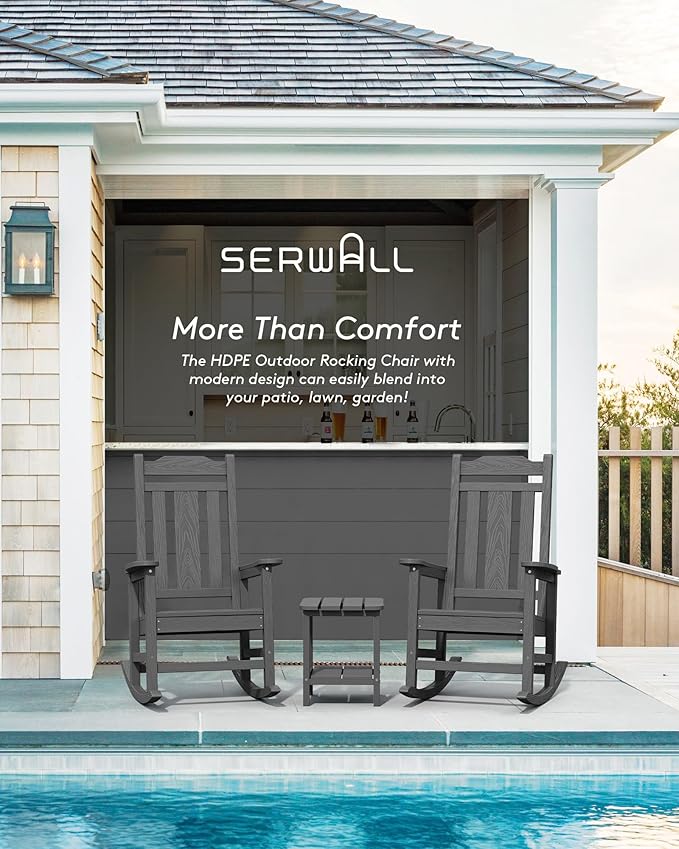 SERWALL Gray Outdoor Rocking Chair Set of 4, All Weather Patio Rocking Chair, HDPE Poly Rocking Chair for Adults, Heavy Duty Front Porch Rocker