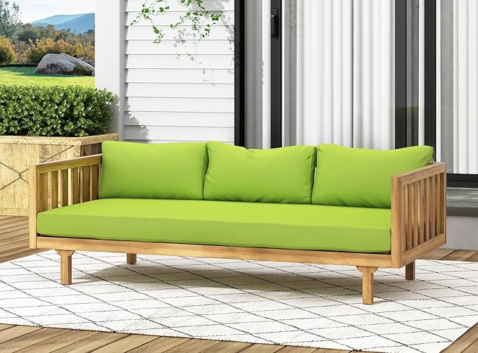 Merax Outdoor 3 Seater Daybed, Acacia Wood Day Bed Couch Sofa with Cushions for Patio Backyard, Garden, Green