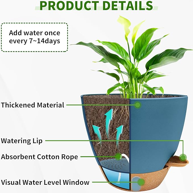 12/10/9/8 inch Self Watering Pots with Visual Water Window, Extra Large Self Watering Plant Pot with Drainage Holes and Saucers, Blue Flower Pots for Indoor Plants