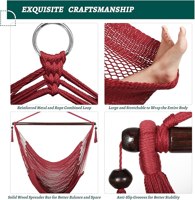 Bathonly Large Hammock Chair with Spreader Bar, Caribbean Hammock Swing Chair, XL Hammock Chair Outdoor Indoor, 330 LBS Weight Capacity, Red