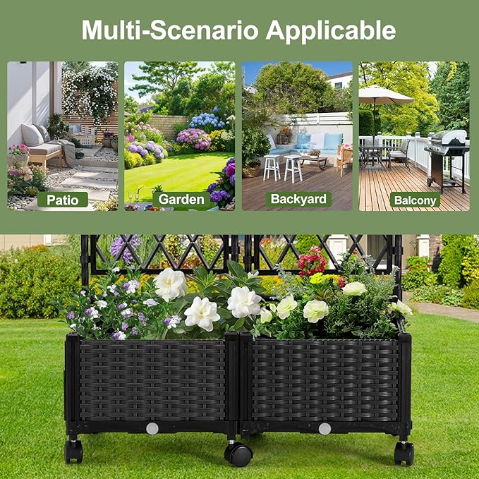 Planter Box with Trellis, 4ft Tall Self-Watering Plastic Raised Garden Beds and Lattice Trellis with Lockable Wheels & Drain Plug for Outdoor Patio Backyard Balcony, Black, 2 Pcs