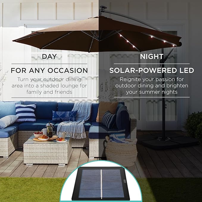 Best Choice Products 10ft Solar LED Offset Cantilever Hanging Market Patio Umbrella, 8 Sturdy Ribs, Easy Adjustment - Brown