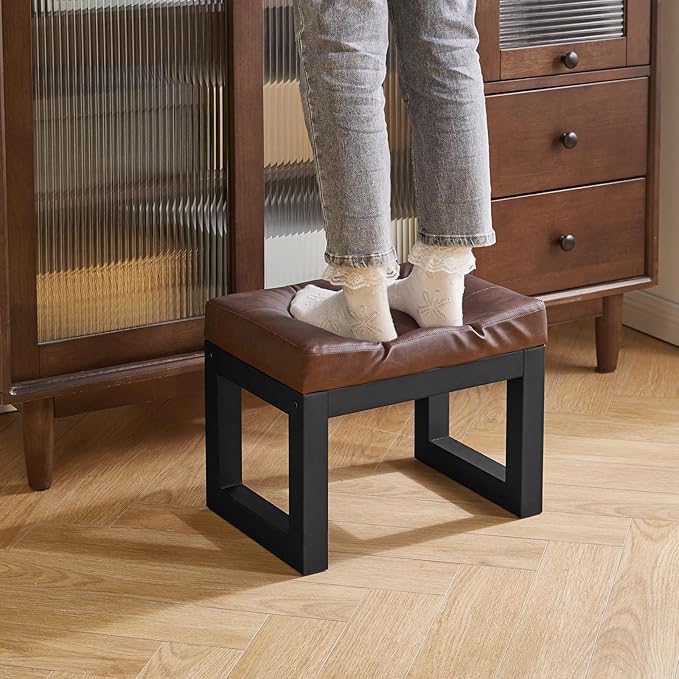 IBUYKE 16 Inch Small Foot Stool Ottoman, Rectangle PU Faux Leather Foot Rest with Padded Seat and Metal Legs, Modern Ottoman Foot Rest for Living Room Bedroom Entryway Couch, Dark Brown WBD026Z