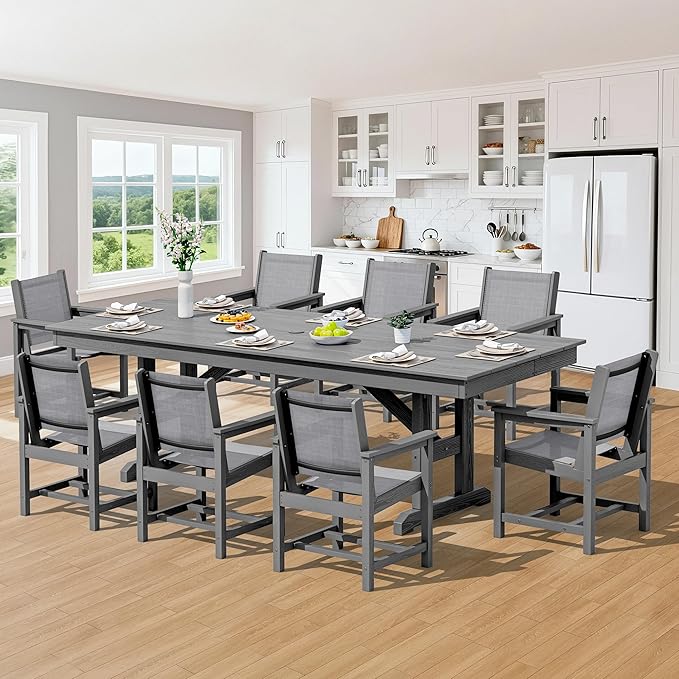 SERWALL 9 Piece Outdoor Dining Set, 84" HDPE Outdoor Large Table and Texilene Chairs for 8，All Weather Patio Dining Furniture Set with Umbrella Hole for Backyard, Garden, Gray