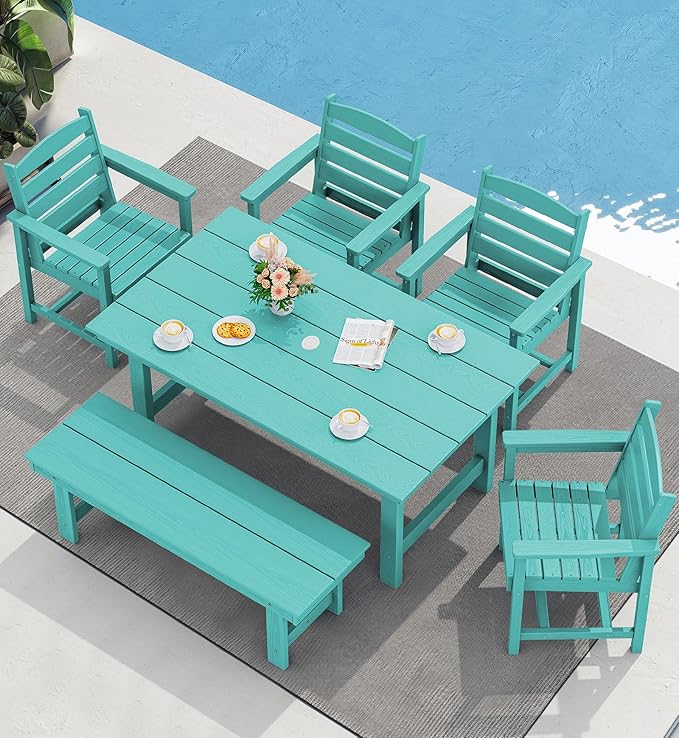 SERWALL 6-Person Outdoor Dining Table - 67" Rectangle HDPE Patio Table with Center Umbrella Hole, Weatherproof, Aruba