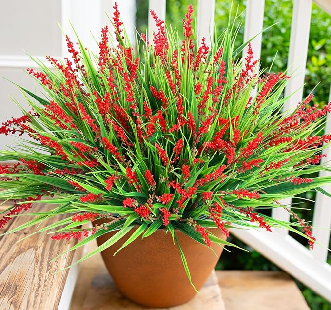 HyeFlora Artificial Fake Flowers Outdoor Plants for Summer Decoration,10 Bundles Faux Plastic Tall Monkey Grass Greenery UV Resistant Realistic Lavender for Home Planter Window Porch Garden-Red