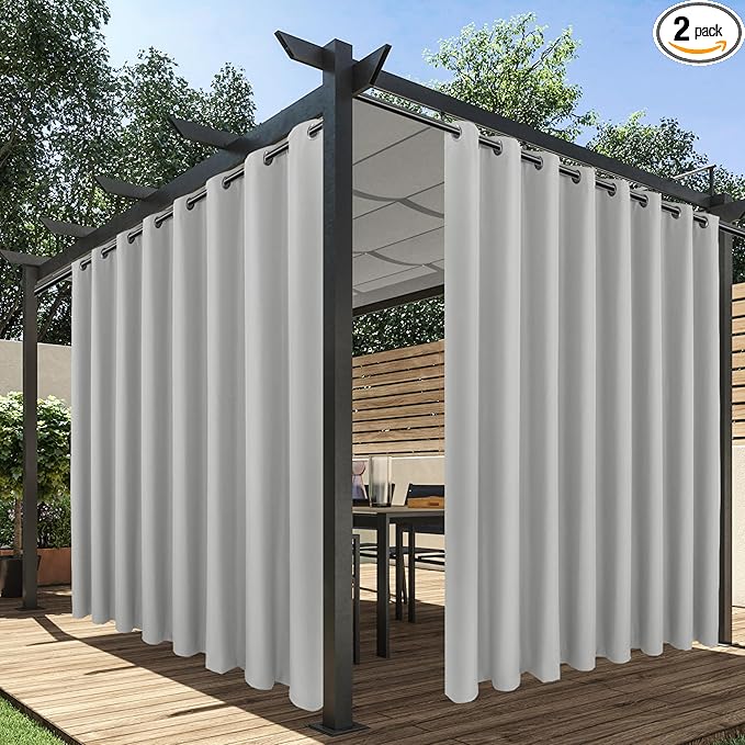 HolidayIdeas Extra Wide Outdoor Curtains for Patio Waterproof, 2 Panels - 110 x 95 Inch - Privacy & Light Filtering Curtains Grommet Outside Curtains for Porch, Gazebo, Pergola, Backyard (Silver)