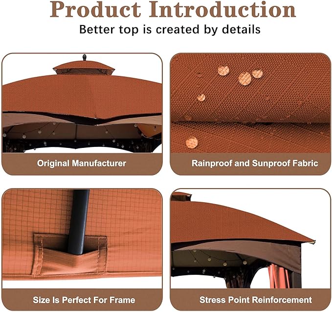 Ripstop Rust Red Ripstop Replacement Top for Lowe's Allen Roth 10X12 Gazebo Model #GF-12S004B-1/ GF-12S004BTO