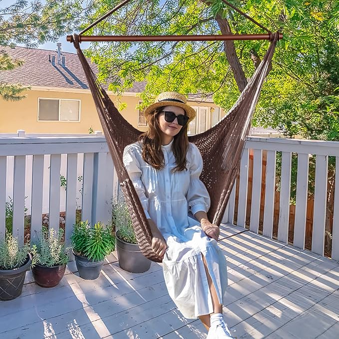 Upgraded Caribbean Hammock Chair with Detachable Metal Bar, Large Hammock Swing Chair, XL Rope Hanging Chair for Outdoor Indoor, 330 LBS Weight Capacity, SaddleBrown