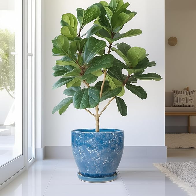 Ceramic Flower Pot - 10 Inch Planter with Drainage Hole and Saucer, Modern Large Planters, Decorative Plant Pot for Indoor Ourdoor, Room Home Garden Porch Decor, Plant Lover Gifts, Blue