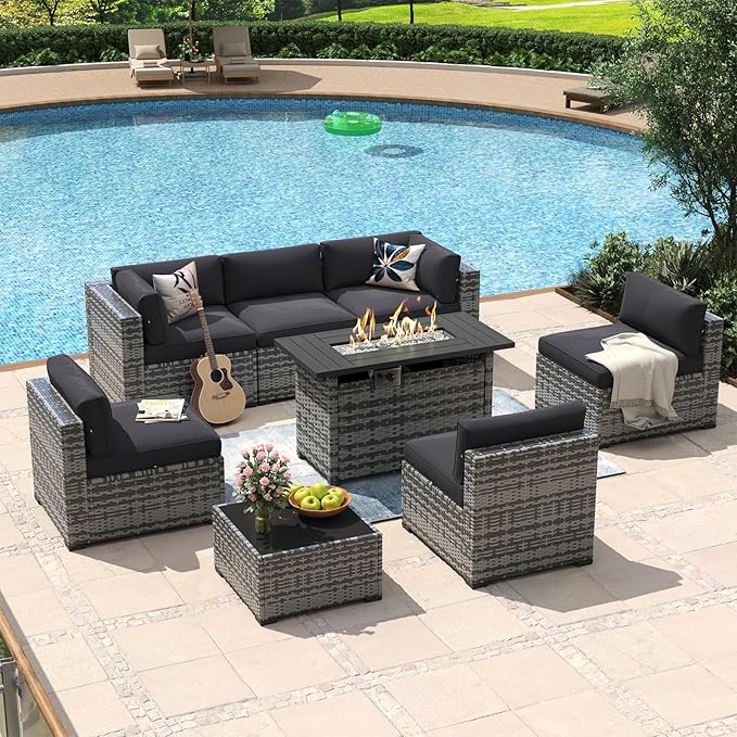 Aoxun 8 Piece Patio Furniture Set with 44” Fire Pit Table Wicker Rattan Outdoor Sectional Sofa Set with Coffee Table and Thickened Cushions, Black (Waterproof Cover Included)