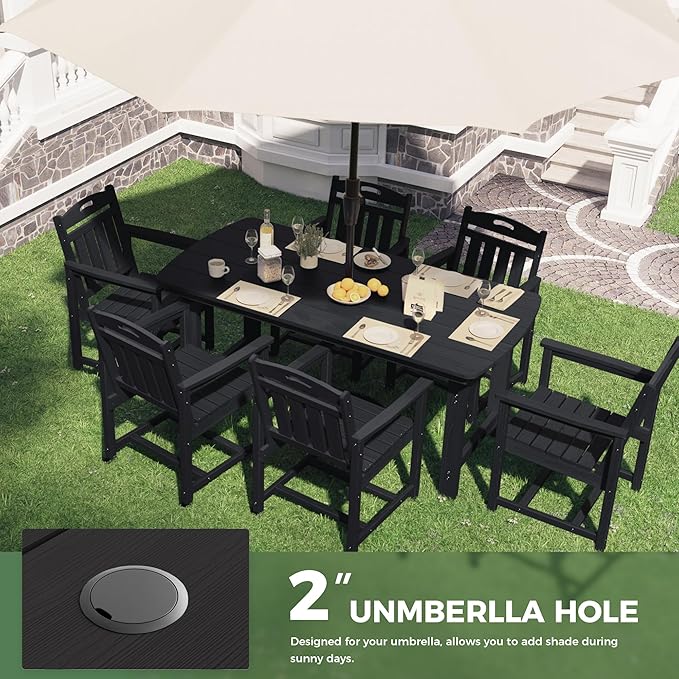 HDPE Outdoor Dining Set, Patio Table and Chairs Set, All-Weather 7-Piece Outside Table and 6 Chairs, 2" Umbrella Hole, Outdoor Furniture for Garden, Poolside, Backyard, Deck | Black