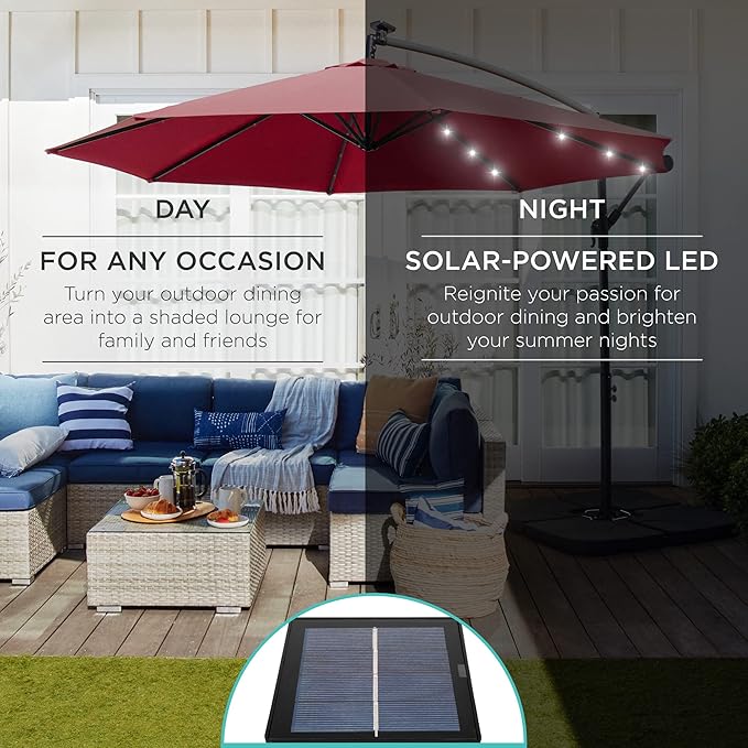 Best Choice Products 10ft Solar LED Offset Cantilever Hanging Market Patio Umbrella, 8 Sturdy Ribs, Easy Adjustment - Burgundy