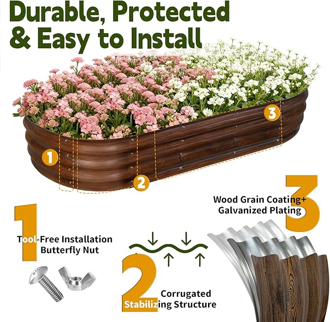 Galvanized Raised Garden Bed Outdoor, Large Raised Bed for Gardening, 2Pcs 6x3x1ft Oval Metal Planter Box for Vegetables, Fruits, Flowers, Dark Brown Wood Grain